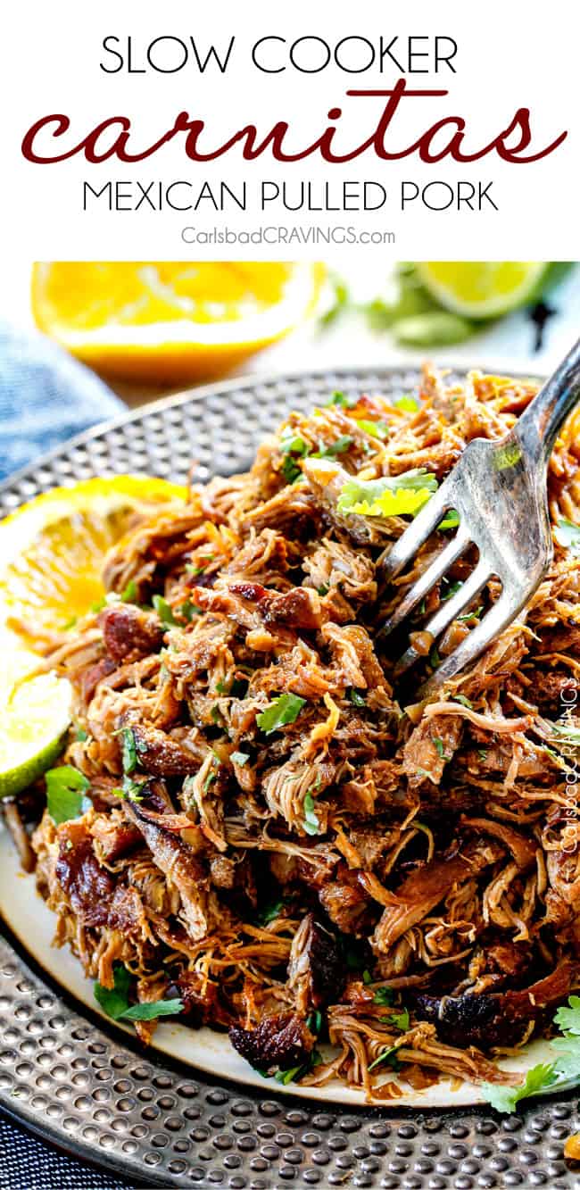 these are the BEST Pork Carnitas (Slow Cooker Mexican Pulled Pork) I have ever tried! Super juicy, easy and so much more flavorful than other versions I've tried and the crispy burnt ends are the best! Great for large crowds and for tacos, burritos, or nachos!