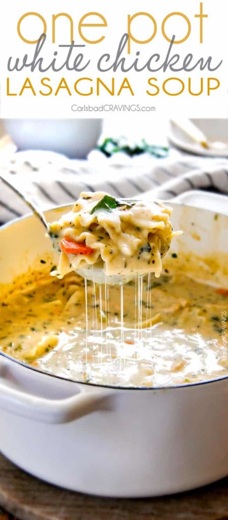 Easy One Pot White Chicken Lasagna Soup - my family LOVES this soup! It tastes just like creamy white chicken lasagna without all the layering or dishes! Simply saute chicken and veggies and dump in all ingredients and simmer away!