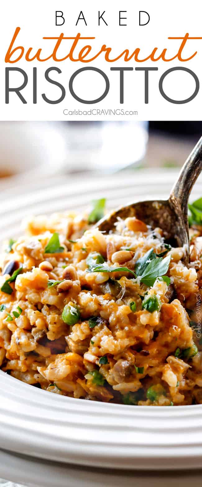 up close of a spoonful of easy butternut squash risotto in a white dish