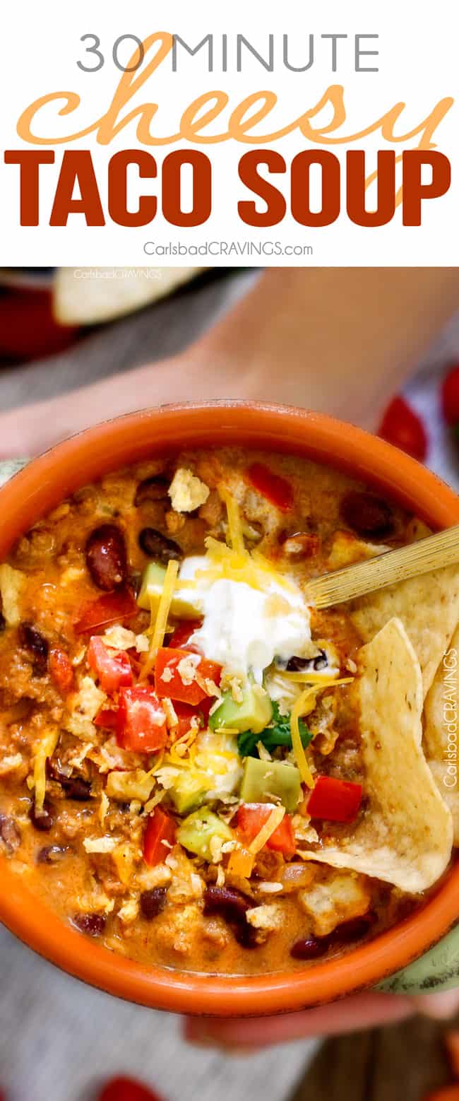 Less than 30 minutes for this ONE POT Cheesy Taco Soup! This is the ultimate comforting soup packed with all your favorite taco flavors and is SO easy and great for crowds! You haven’t had taco soup until you try this version!