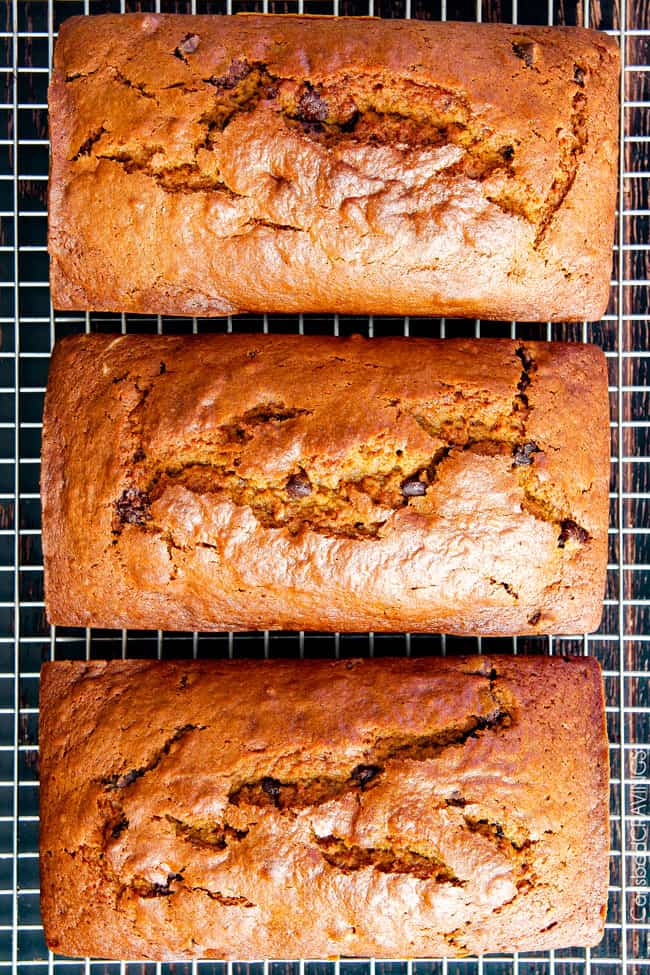 showing how to make pumpkin bread by cooling moist pumpkin bread on a cooling rack