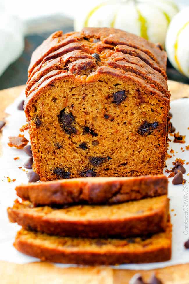 front view of moist pumpkin bread with chocolate chips
