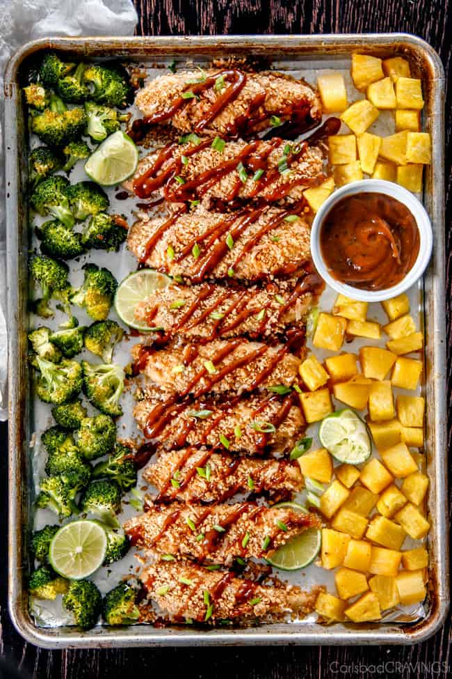 One Pan Thai Coconut Peanut Chicken with Pineapple - this is incredible! The chicken is breaded in peanuts, panko and coconut and the sauce of pineapple juice, coconut milk, brown sugar, peanut butter, etc. is the best peanut sauce I've ever have! and of course, the one pan is awesome! love the roasted pineapple! 