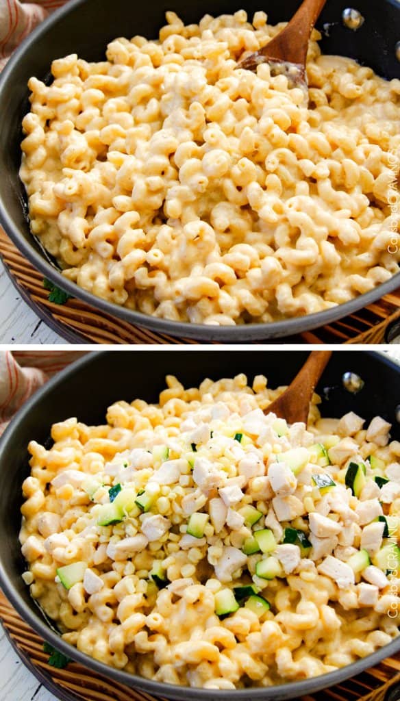 This mega creamy (lightened up) Salsa Verde Pepper Jack Macaroni and Cheese is crazy flavorful infused with salsa verde, pepper jack and sharp cheddar and super easy to make! A new family favorite on the table in under 30 minutes (including the option of chicken and veggies)!