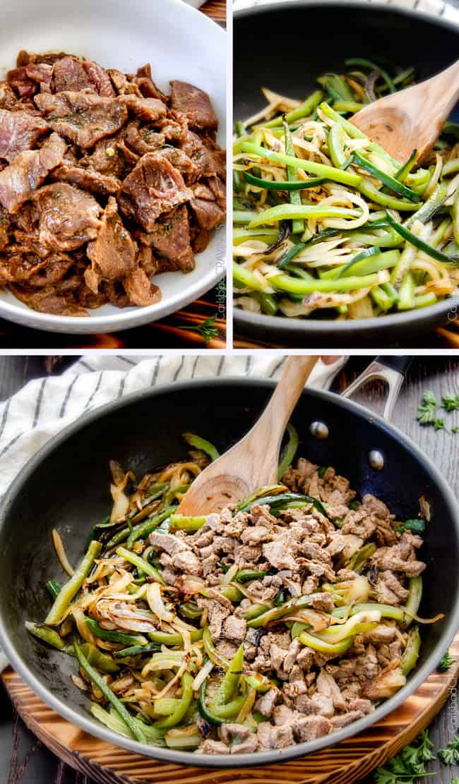 collage showing how to make Best Philly Cheesesteak Recipe by thinly slicing steak, marinating steak, cooking bell peppers and combing steak and bell peppers in a pan