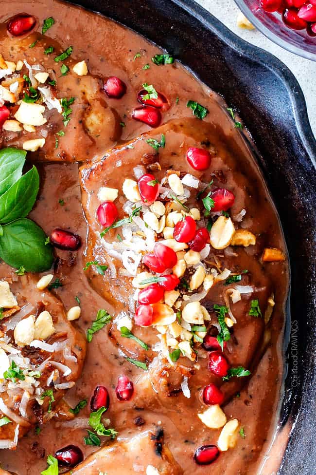 Close up of Asian Pomegranate Coconut Chicken Skillet.