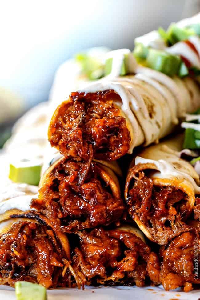 showing how to use homemade barbecue sauce by adding to pulled pork and making taquitos