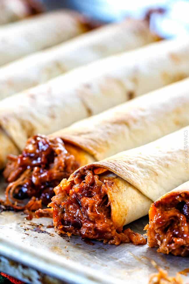 Cheesy Baked BBQ Pork Taquitos - Carlsbad Cravings