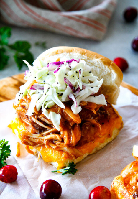 Chipotle BBQ Cranberry Turkey Sliders (or chicken!) are a wonderfully delicious way to devour your Thanksgiving turkey leftovers or SO good you will want to make them forever and ever with chicken! And don’t skip the crunchy, sweet and tangy out of this world Apple Poppy Seed Slaw!