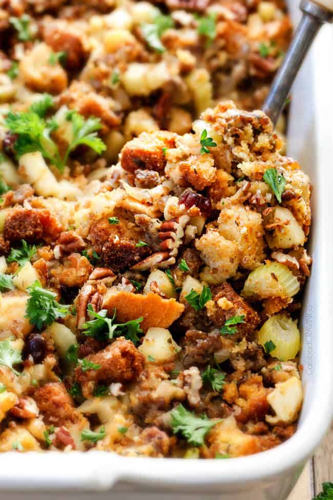 up close of cornbread stuffing with sausage, apples, pecans, craisins