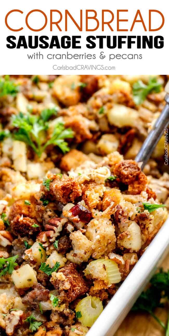 up close of a spoon scooping up old fashioned southern cornbread dressing recipe