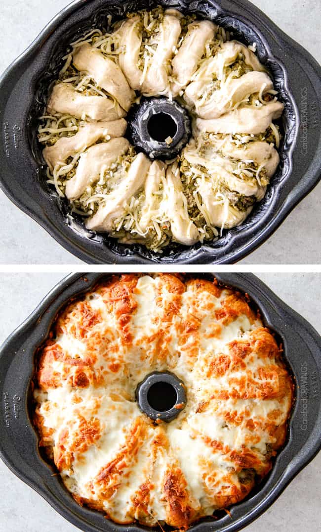 Top view of Cheesy Sausage Pesto Ring before and after baking. 