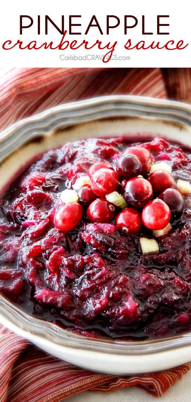 Pineapple Cranberry Sauce – so much better than canned and SO easy! Sweet and tangy and so company rave worthy! This will be your new favorite cranberry sauce for Thanksgiving!