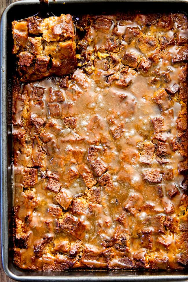 pumpkin bread pudding with caramel sauce all over top