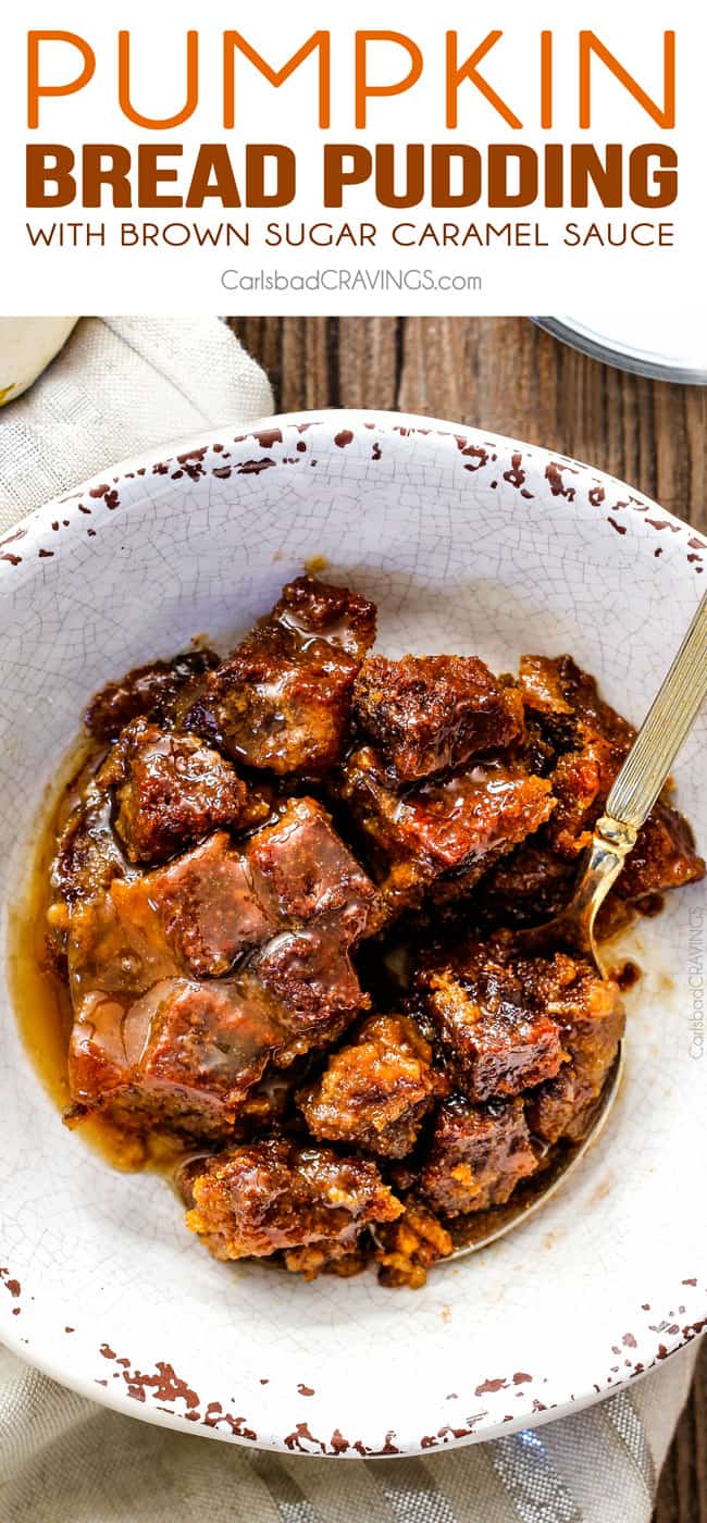 top view of pumpkin bread pudding in a bowl with caramel sauce