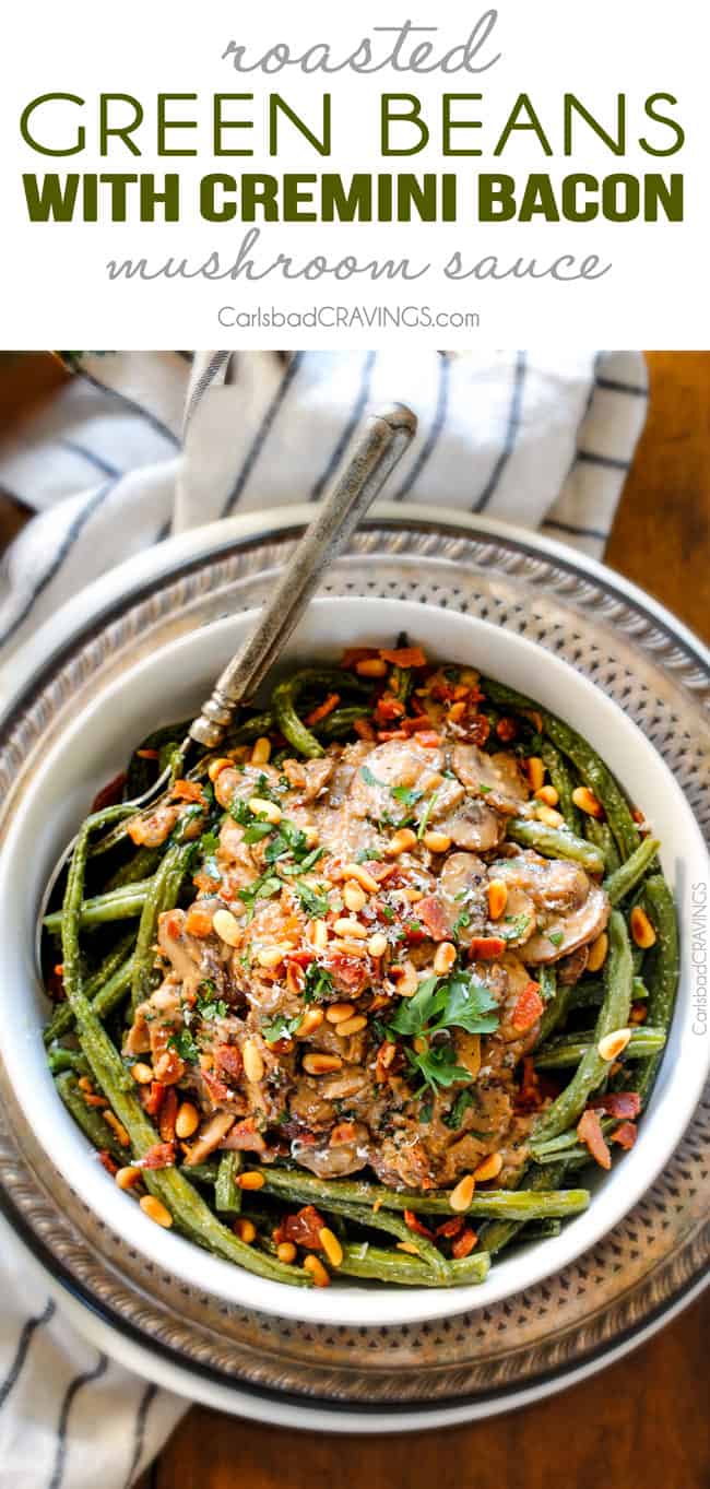 top view of Roasted Green Beans with Bacon in a white bowl with a silver servings poon