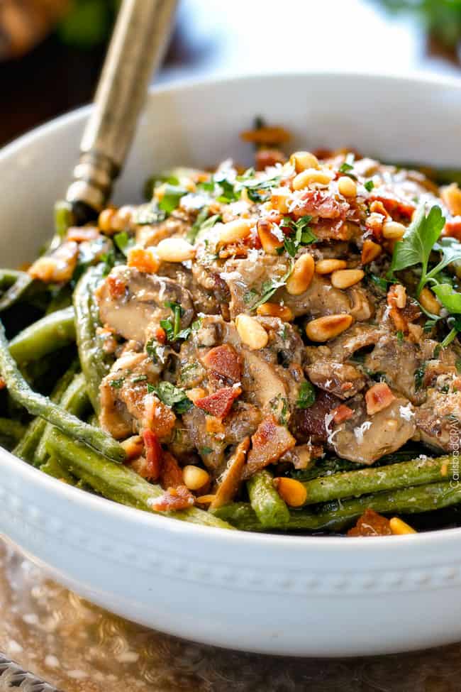 up close of Roasted Green Beans with Bacon, Parmesan and pine nuts