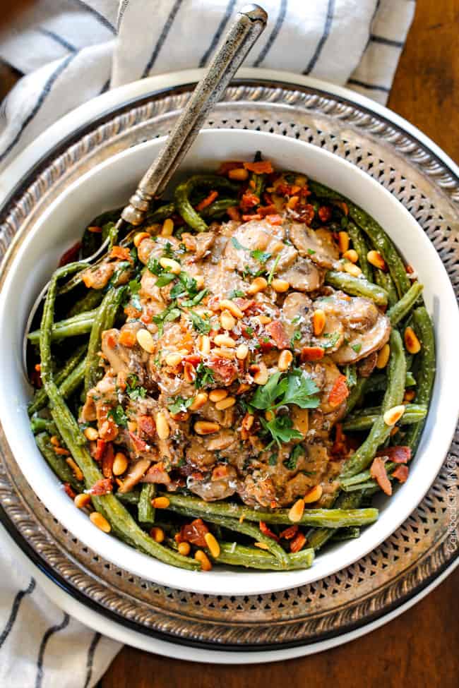 Roasted Green Beans with Bacon Mushroom Sauce