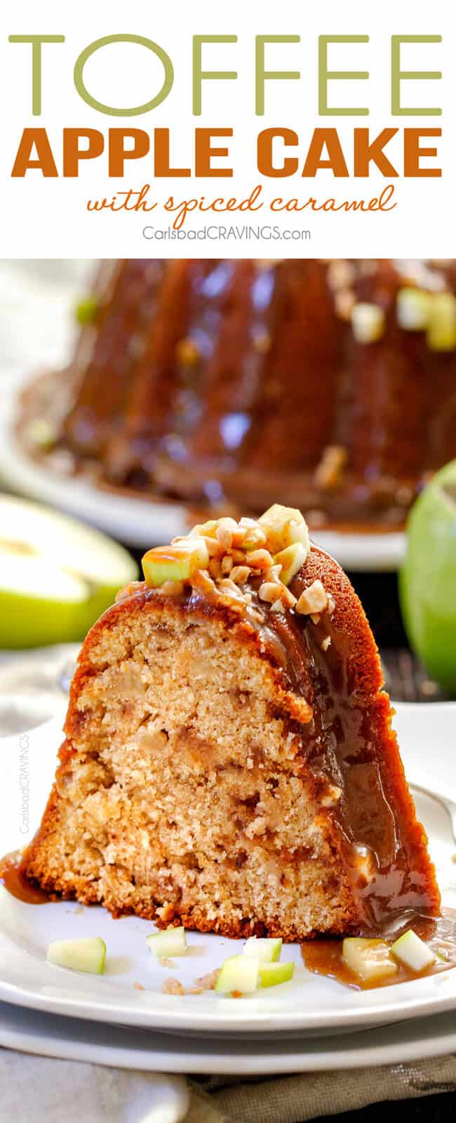 a slice of apple pound cake topped with caramel sauce, toffee bits, and chopped apple. 