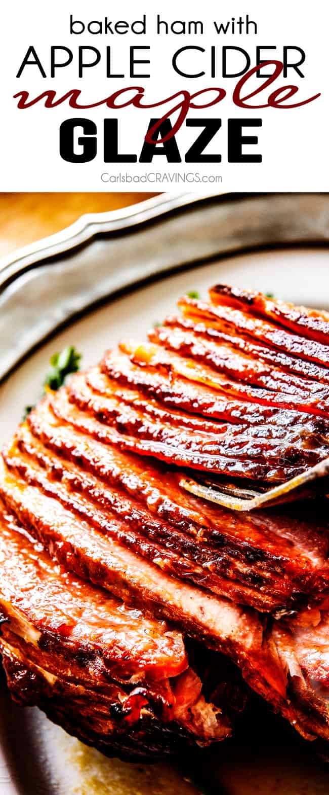 Baked Ham with Apple Cider Maple Glaze: beautifully caramelized, flavorful and deliciously moist baked ham takes minutes to prep and the glaze is out of this world! Perfect for Christmas, Easter and feeds a crowd!