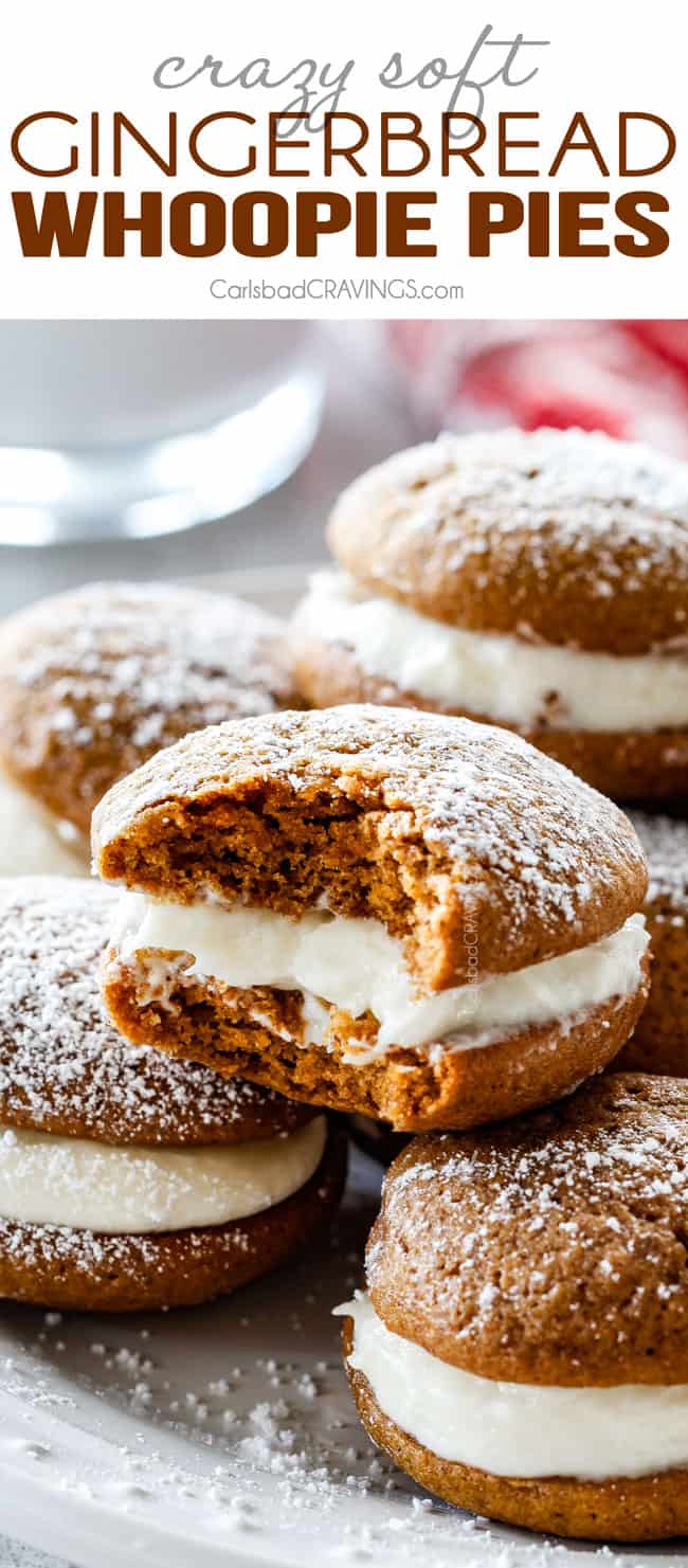 Gingerbread Whoopie Pies - everyone always begs me for this recipe! Super soft gingerbread cookies stuffed with luscious cream cheese filling! You won't be able to have just one!