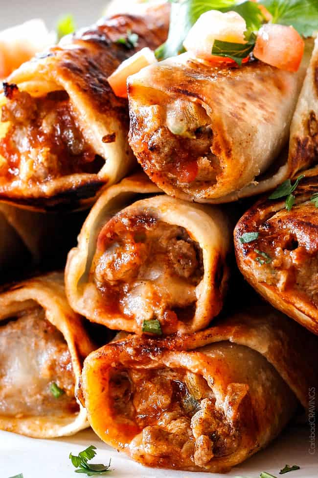 Extreme close up of Jalapeno Popper Beef Taquitos.