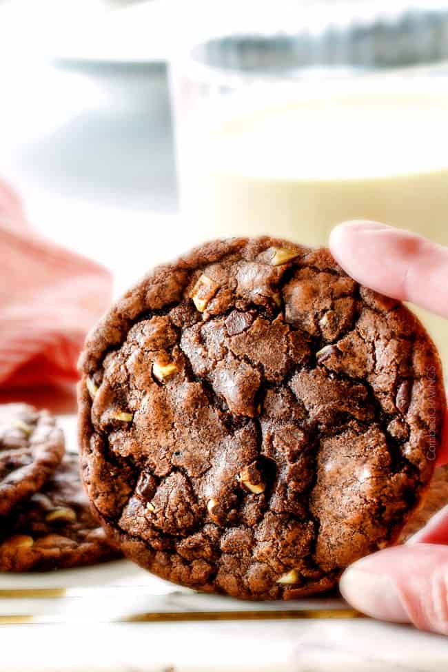 up close of holding easy nutella cookies with andes mints