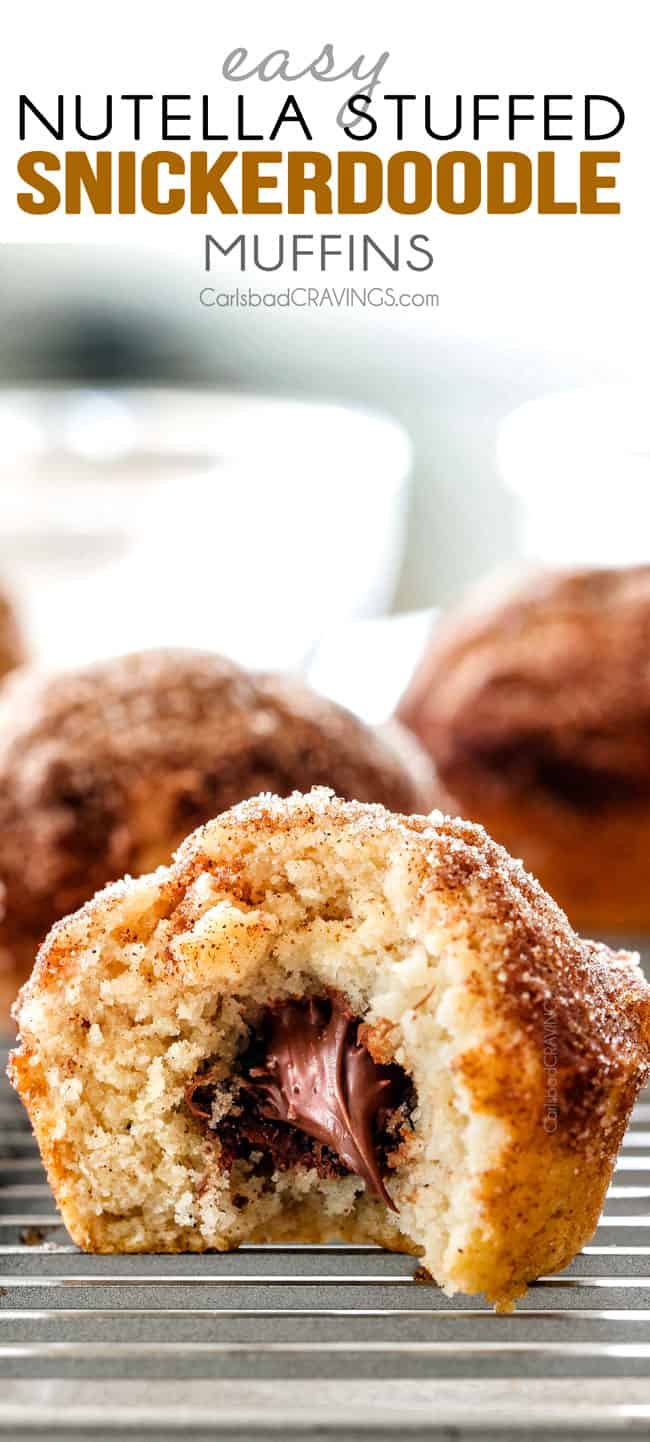 EASY Nutella Stuffed Snickerdoodle Muffins AKA muffins dunked in butter and generously coated in cinnamon-sugar for a baked muffin that tastes like a fried donut AND each stuffed with creamy Nutella! These muffins are super quick to whip up and make the best special occasion breakfasts or dessert (like Christmas!)