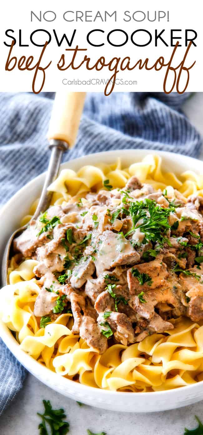 This is by far my family's favorite Slow Cooker Beef Stroganoff recipe! An ultra rich and creamy, amazingly flavorful sauce (without any "cream of" anything!), crazy tender meat all made in the crockpot for a gourmet meal with hardly any effort! I love serving this for holidays like Christmas!