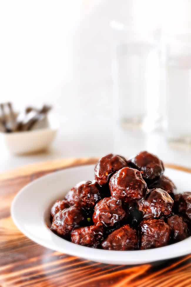 far away shot of a plate of Korean Meatballs soaked in korean BBQ Sauce