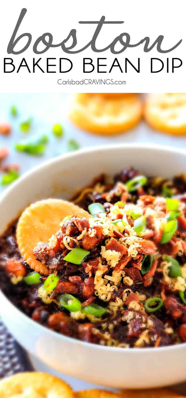 Boston Baked Bean Dip piled with bacon, cheese, sour cream, green onions.