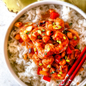 This easy, healthy, Kung Pao Shrimp tastes better than takeout and is on your table in less than 30 minutes! I was licking my plate of the savory spicy sauce!