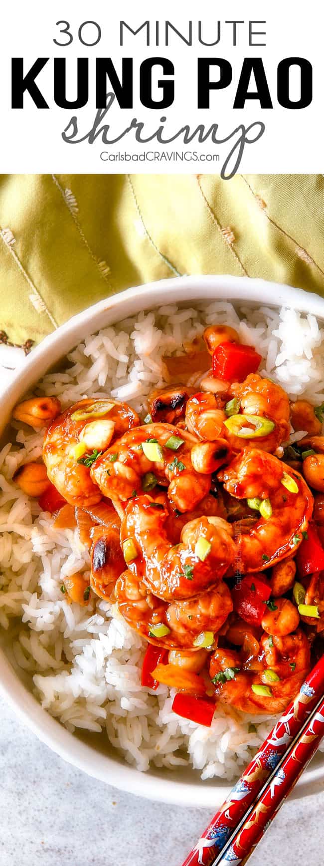 top view of Kung Pao Shrimp in a bowl over white rice