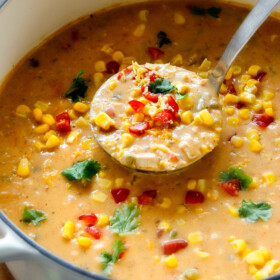 30 Minute LIGHTENED UP Mexican Chicken Corn Chowder is one of my family's favorite soups ever! Its cheesy, creamy (without any heavy cream!), comforting and the layers of flavors are out of this world!
