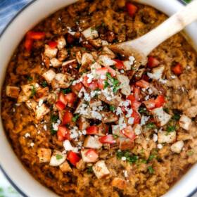 Easy, creamy BAKED Greek Chicken Risotto made in one pot! This has become a favorite dinner for my entire family and I love how easy it is! Its bursting with so much flavor and the chicken marinade is outstanding!