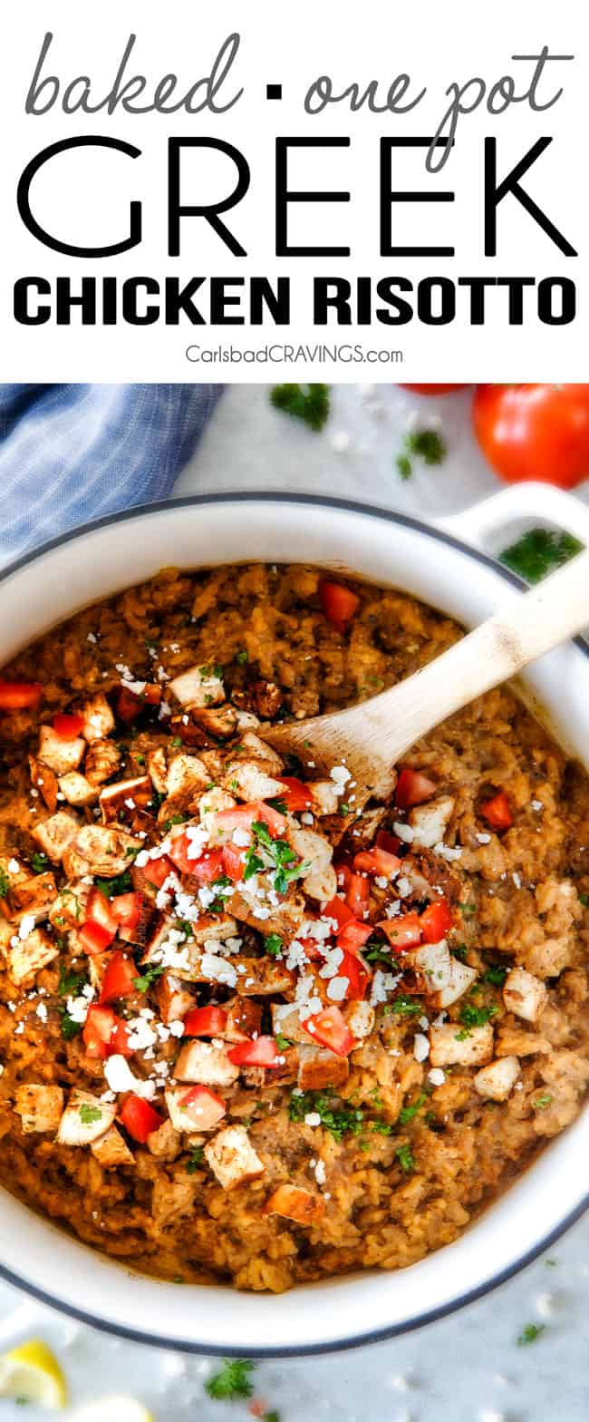 Easy, creamy BAKED Greek Chicken Risotto made in one pot! This has become a favorite dinner for my entire family and I love how easy it is! Its bursting with so much flavor and the chicken marinade is outstanding!