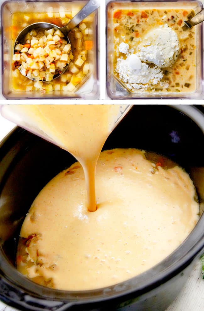 showing how to make crockpot soup creamy by adding flour and potatoes in a blender to puree. 