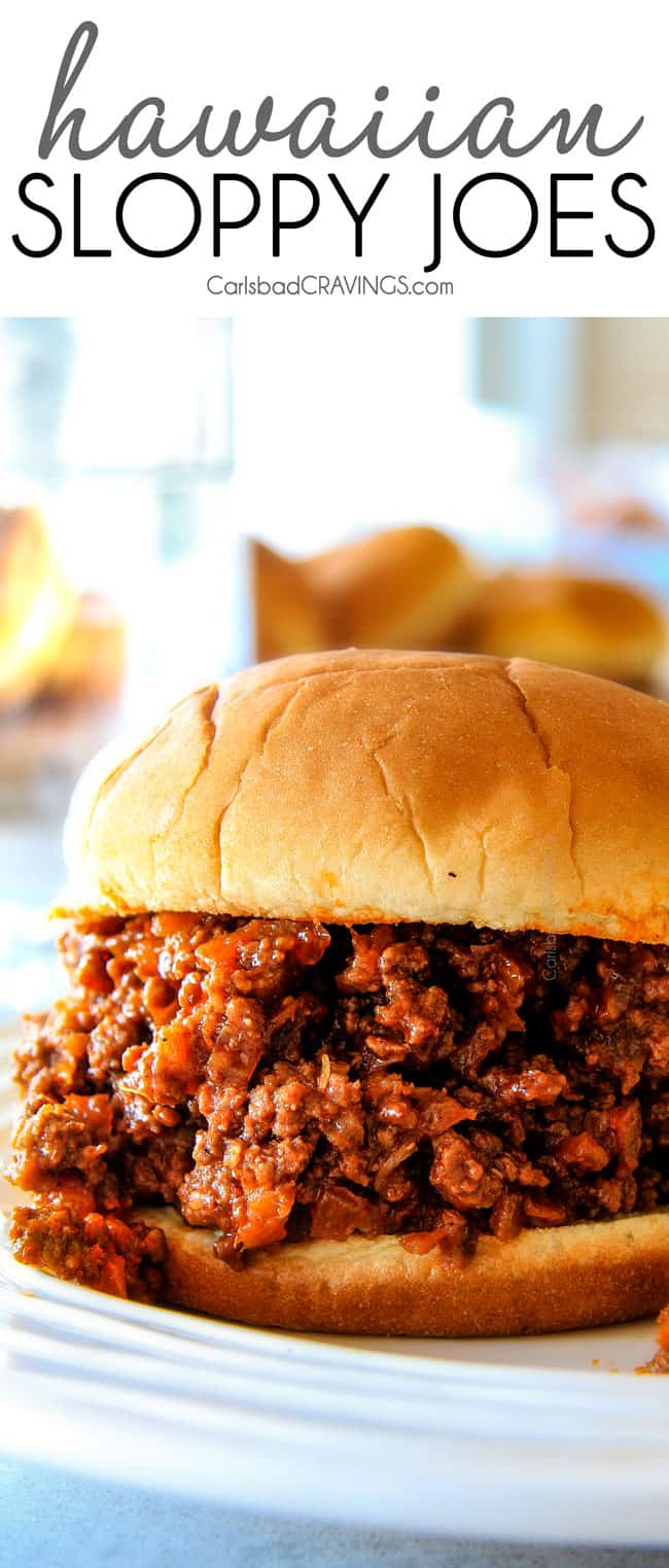 30 Minute Hawaiian Sloppy Joes smothered in the most delicious sweet and tangy Hawaiian BBQ Sauce your whole family will love! Incredibly easy, make ahead and great for crowds!