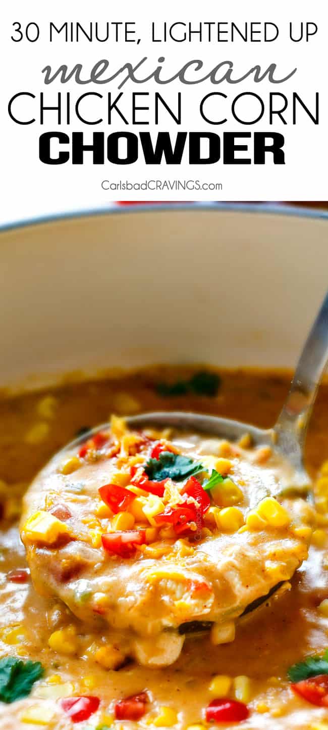 an up close ladle full of creamy chicken corn chowder