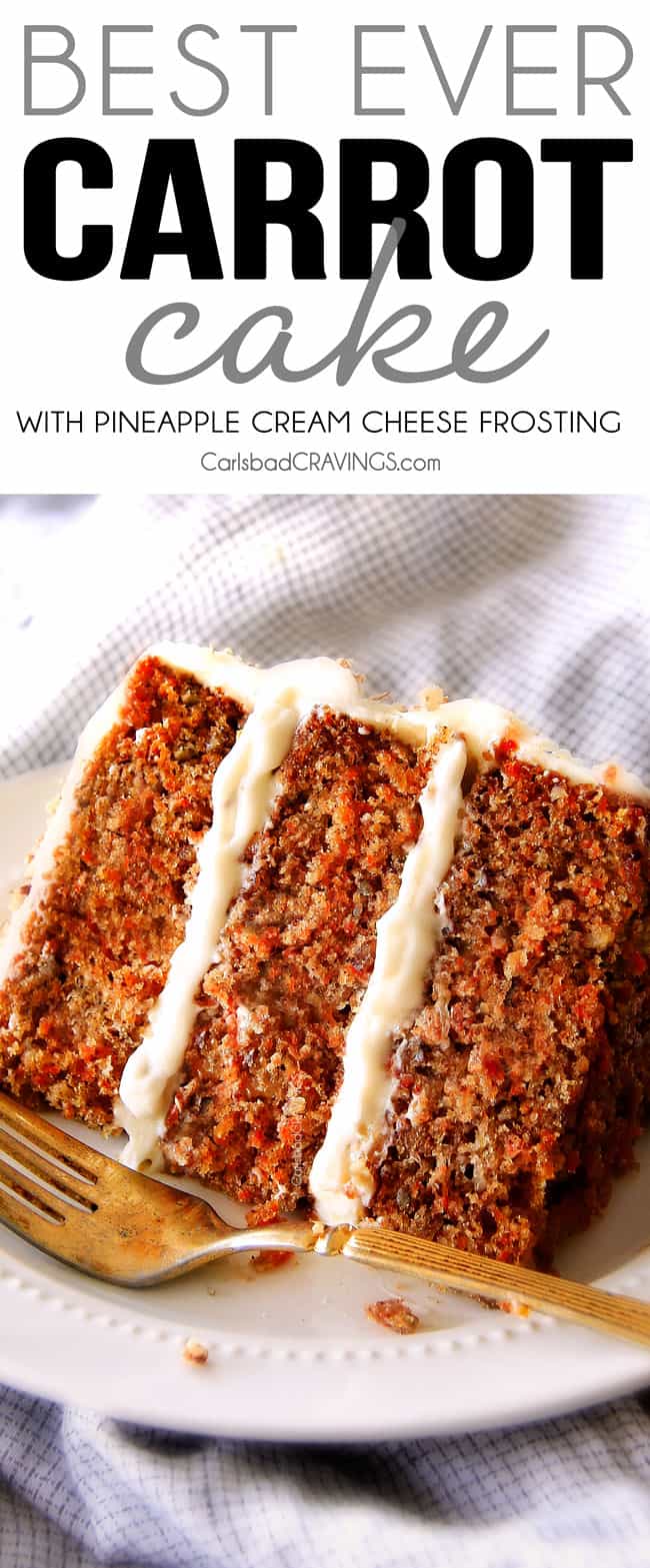 easy Carrot Cake with Cream Cheese Frosting on a white plate with a golden fork