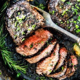Easy Pan Seared Steak with a deeply caramelized seared crust and the most amazing Balsamic Herb Cream Sauce! This recipe includes step by step instructions, tips and tricks to achieve melt in your mouth, restaurant quality top sirloin steak even if you have never made steak before! Perfect for Valentine's Day!