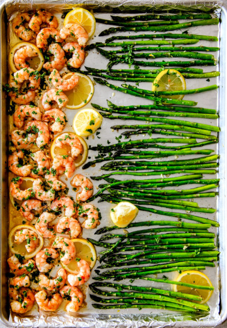 One Pan Roasted Lemon Butter Garlic Shrimp and Asparagus bursting with flavor and on your table in 15 MINUTES!  No joke!  The easiest, most satisfying meal that tastes totally gourmet!