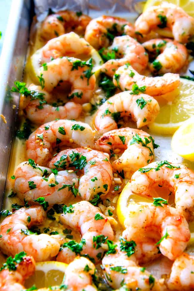 Close up of the shrimp for Roasted Lemon Garlic Butter Shrimp and Asparagus