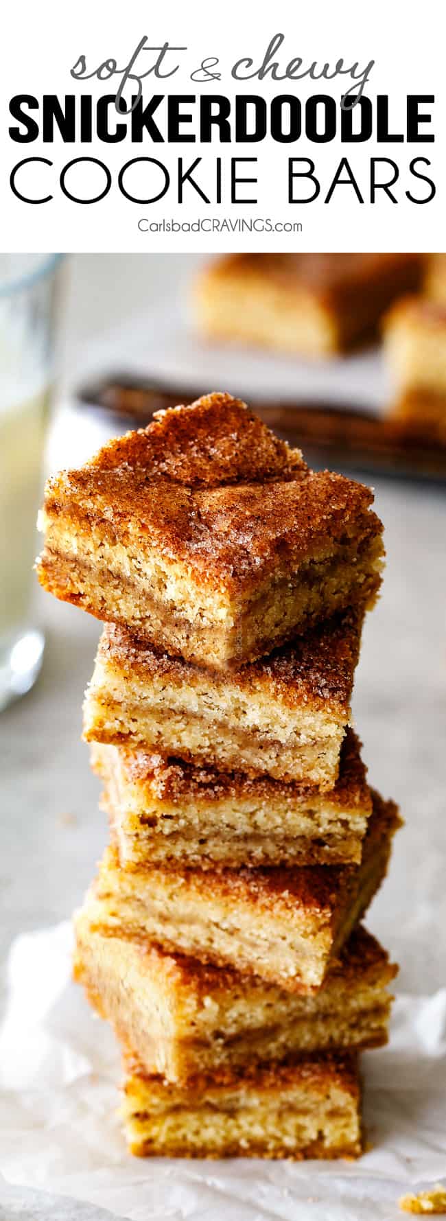 Incredibly EASY, thick, soft and chewy, buttery Snickerdoodle Cookie Bars taste just like the cookie but so much easier and less time consuming! The cinnamon and sugar crackle top is to die for!