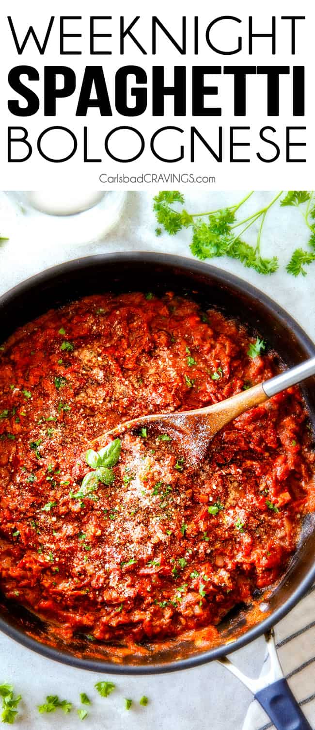 Quick and easy Weeknight Spaghetti Bolognese bursting with flavor on your table in under 30 minutes but tastes like its been simmering all day! We make this recipe more than ANY OTHER RECIPE!