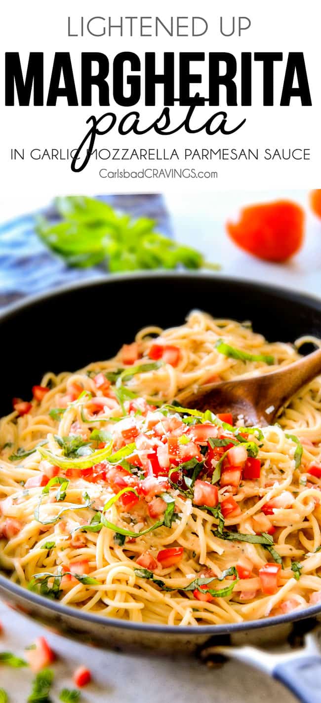 20 Minute LIGHTENED UP Margherita Pasta bursting with fresh tomatoes and basil in a garlic, mozzarella Parmesan sauce! your favorite Margherita pizza in creamy pasta form!