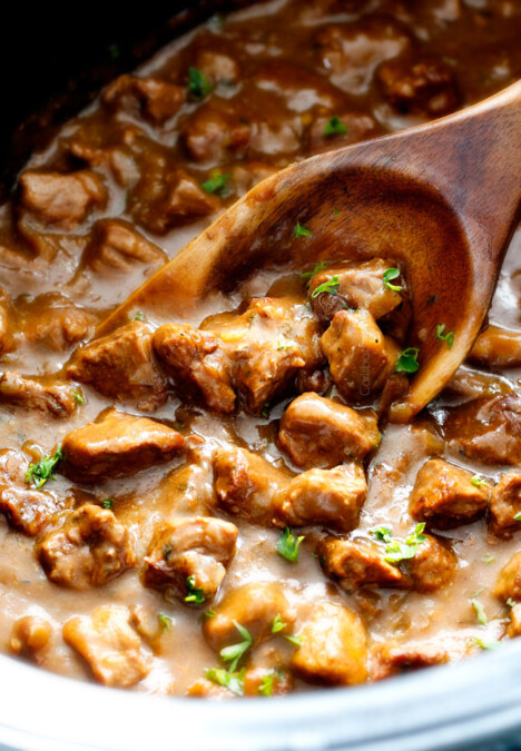 Ridiculously tender, Homemade Slow Cooker Beef Tips and Gravy (without any “cream of” anything!) is richly satisfying, comforting and flavorful and the perfect make ahead meal for busy weeknights! I also love serving it for special occasions or holidays because it is so easy, make ahead and super easy to double or triple the recipe!