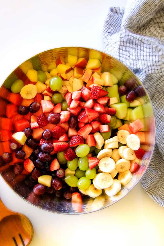 showing how to make fruit salad by adding watermelon, strawberries, honeydew melon, cantaloupe, bananas and strawberries to a large bowl