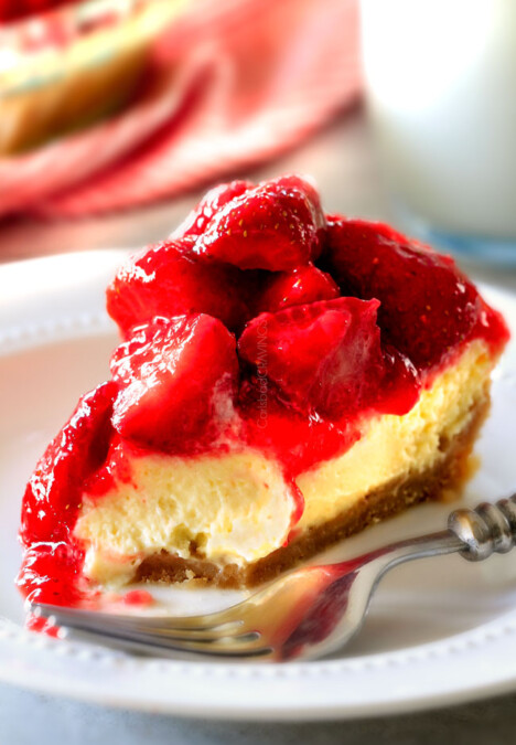 The best Strawberry dessert ever! Strawberry Cheesecake Pie is rich and creamy cheesecake but made extra easy in pie form and extra delicious with vanilla wafer crust! Smother the luscious cheesecake in the BEST sweet glazed strawberries and you won't be able to stop eating!!