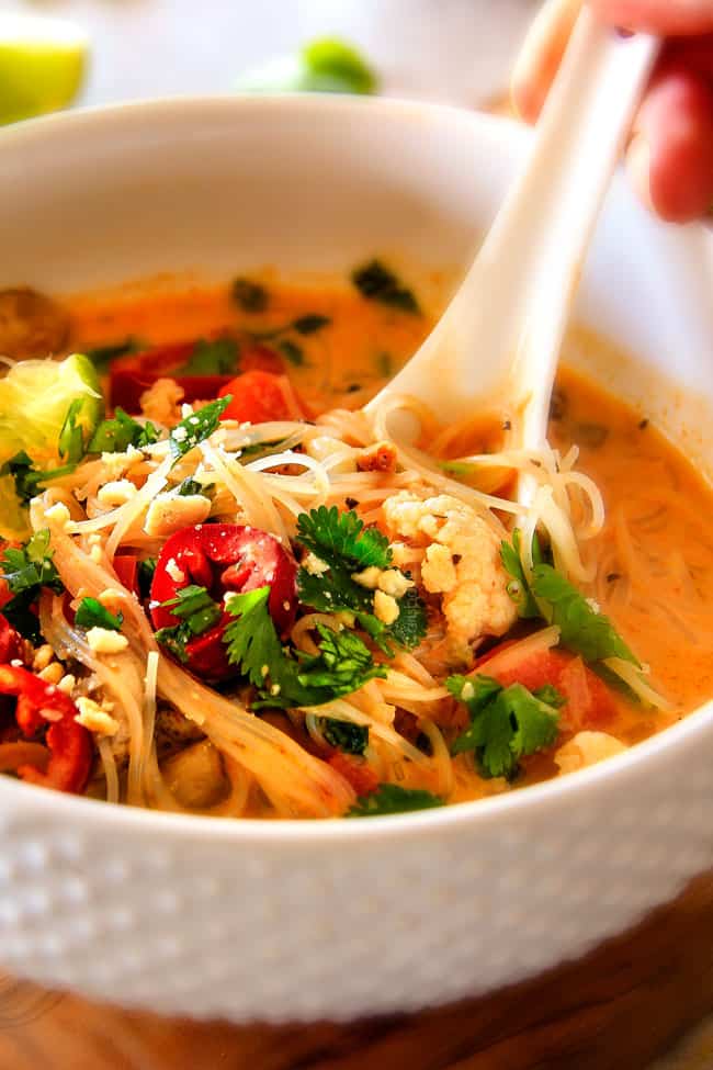 ONE POT Thai Chicken Noodle Soup - this is one of my favorite soups I have ever tasted let alone made! Its way better than takeout with layers of warm, comforting aromatic flavors and I love all the veggies! I had never cooked with rice noodles and the texture was outstanding, even in leftovers!